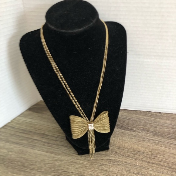 Vtg Gold Bow Rhinestone Necklace - Picture 1 of 15